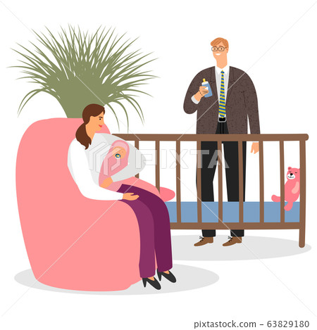 Happy parenthood vector. Mother, father, baby in in the childrens room illustration 63829180