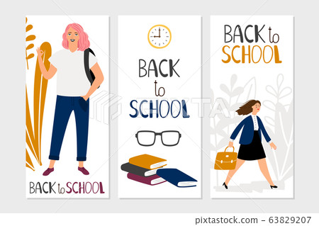 Back to school banners template. Vector school banners with students, flowers, books 63829207