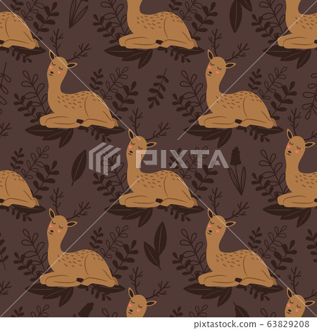 Baby deer seamless pattern. Vector cute deer and hand drawn flowers texture Baby deer seamless pattern. Vector cute deer and hand drawn flowers texture 63829208
