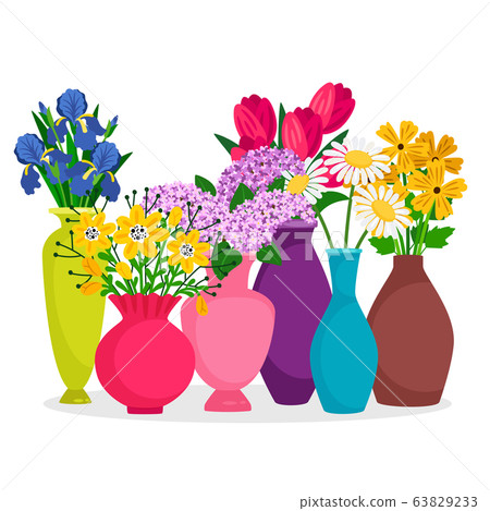 Vector bouquets of flowers in vases composition 63829233