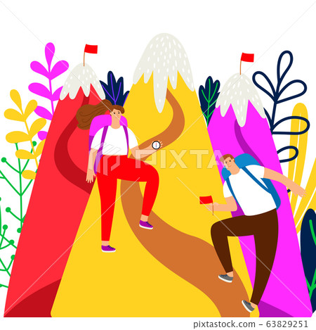 Goal achievement vector concept. Guy and girl climbers and mountains illustrations 63829251