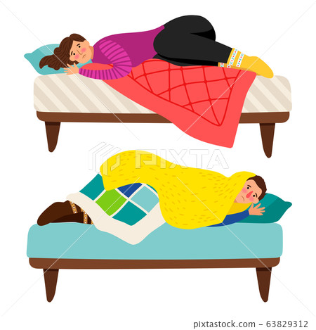 Depressed woman and man in bed - depression vector concept Depressed woman and man in bed - depression vector concept 63829312