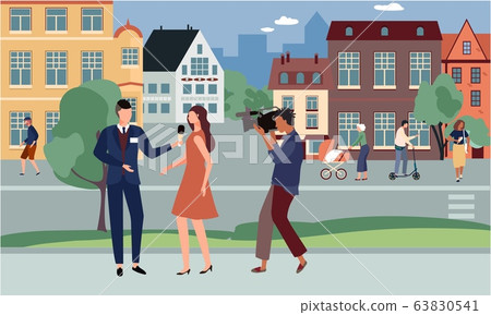 Journalist interviews celebrity vector illustration, cartoon man character with microphone interviewing celebrity woman on street 63830541