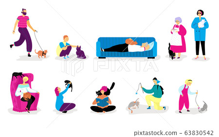 People cat pet owner vector illustration, cartoon flat happy woman man character walking, playing with animal, human care isolated on white People cat pet owner vector illustration, cartoon flat happy woman man character walking, playing with animal, human care isolated on white 63830542