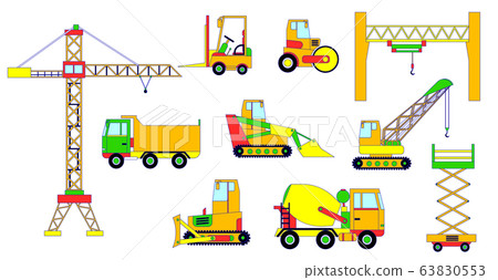 Builders equipment, vector illustration, construction machinery, special machines for building work isolated on white, flat style. Builders equipment, vector illustration, construction machinery, special machines for building work isolated on white, flat style. 63830553