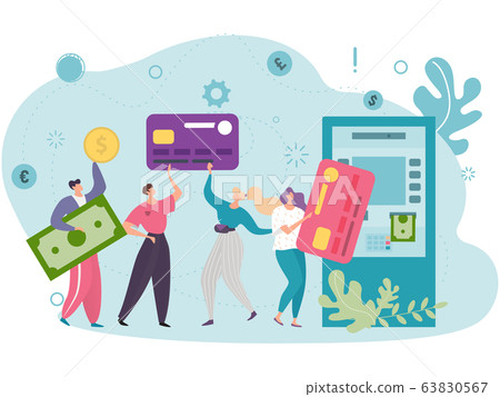 The concept of convenient use of plastic cards of customers using an ATM near which there are men and women waiting in line. 63830567