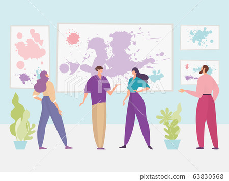 Men and women visit the modern conceptual art gallery of the exhibition of paintings, discussing the artists abstract artwork. 63830568