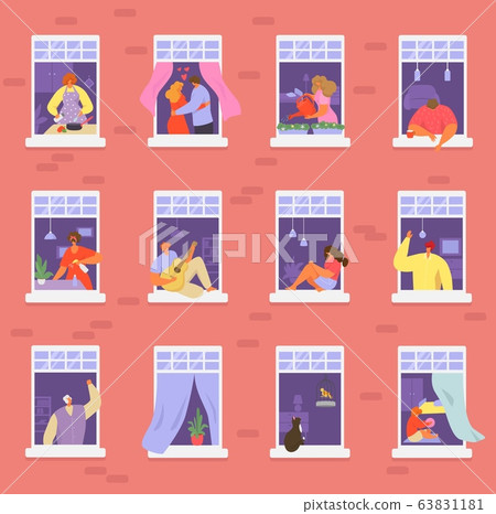 Neighbors people in window vector illustration, cartoon active man woman or couple characters live in neighboring home apartments set 63831181