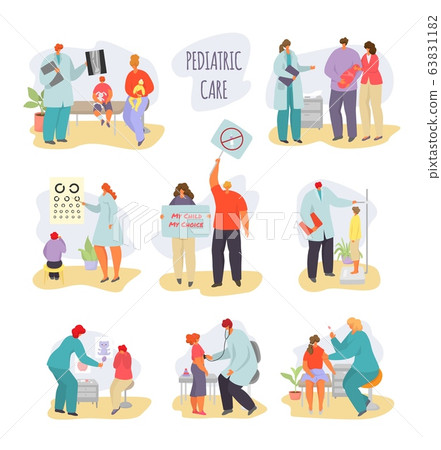 Pediatrician child doctor vector illustration, cartoon mother with sick kid, children characters on medical examination isolated on white 63831182