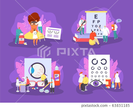 Ophthalmology medicine vector illustration set, cartoon tiny patients people visit ophthalmologist doctor character, check eye health Ophthalmology medicine vector illustration set, cartoon tiny patients people visit ophthalmologist doctor character, check eye health 63831185