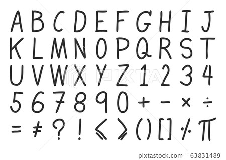Black color hand drawing of alphabet, number letter and mathemetics symbol on white background 63831489