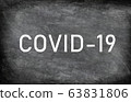 COVID-19 white chalck text on blackboard chalkboard texture distressed grunge background. Graphic design of corona virus drawing with title 63831806