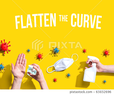 Flatten the Curve theme with viral and hygiene objects 63832696