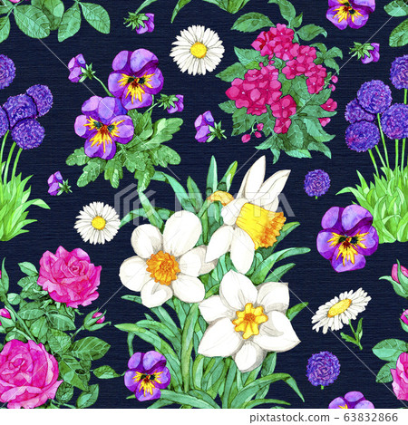 Seamless pattern with Narcissus, pansy, rose flower on blue background. Seamless pattern with Narcissus, pansy, rose flower on blue background. 63832866