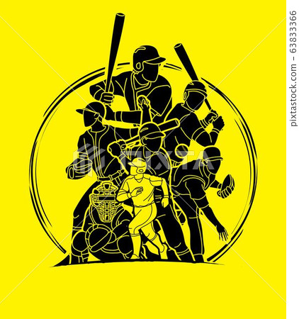 Group of Baseball players action cartoon sport graphic vector. 63833366