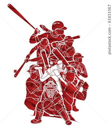 Group of Baseball players action cartoon sport graphic vector. 63833367