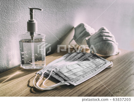 COVID-19 coronavirus prevention medical ear loop masks, n95 respirators, hand sanitizer gel bottle for hand hygiene corona virus protection 63837203