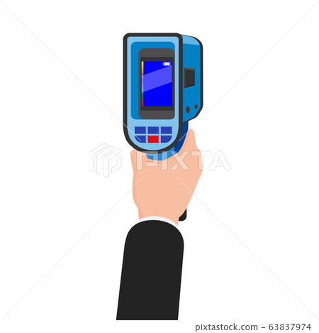 Hand holds Thermal scaner camera infrared. Portable Visualize temperature differences thermometer, thermographic for the environment and people. Vector illustration isolated Hand holds Thermal scaner camera infrared. Portable Visualize temperature differences thermometer, thermographic for the environment and people. Vector illustration isolated 63837974