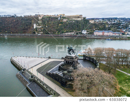 Koblenz City Germany historic monument German Corner aerial where the rivers rhine and mosele flow together Koblenz City Germany historic monument German Corner aerial where the rivers rhine and mosele flow together 63838072
