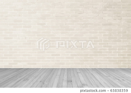 Cream brown brick wall textured background with wooden floor in grey for interiors 63838359