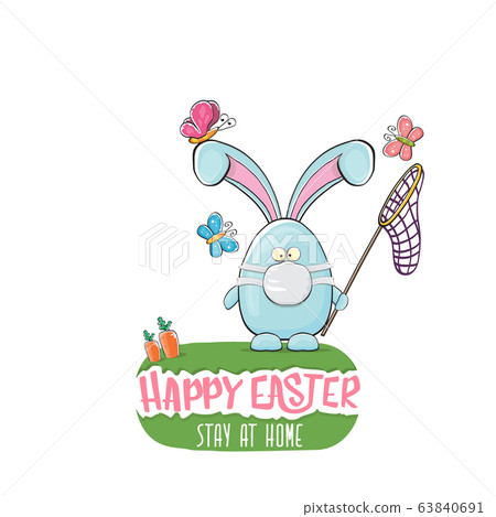 Happy easter stay at home greeting card with funny cartoon blue rabbit with medical face mask holding butterfly net. Easter egg hunt hand drawn concept illustration banner. 63840691