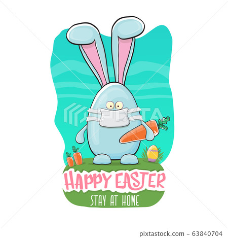 Happy easter stay at home greeting card with funny cartoon blue rabbit with medical face mask. Easter egg hunt hand drawn concept illustration banner. 63840704