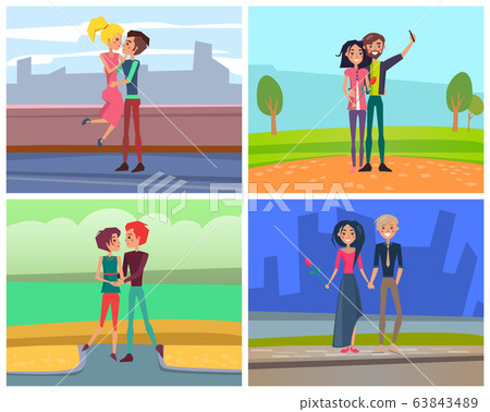 Man and Woman Romantic Day, Walking in City Vector 63843489