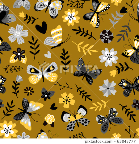 Butterflies and flowers flat vector seamless... - Stock Illustration ...