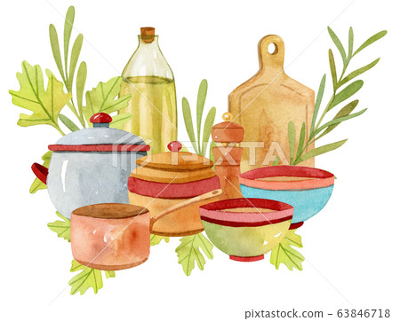 Watercolor apron, kitchen utensils composition... - Stock Illustration ...