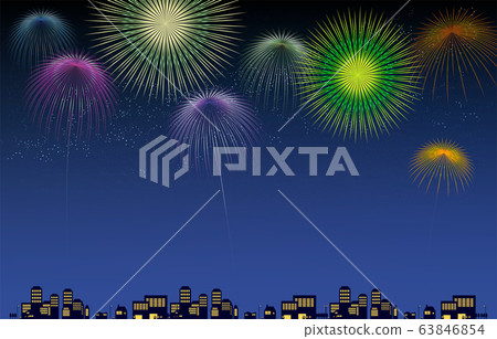 Illustration of cityscape silhouette with fireworks Illustration of cityscape silhouette with fireworks 63846854