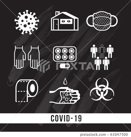 Covid-19. Set of icons on the theme of coronavirus. Stay home, my hands more often, new toilet paper, bacteria, avoid contact, use gloves. 63847300