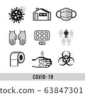 Covid-19. Set of icons on the theme of coronavirus. Stay home, my hands more often, new toilet paper, bacteria, avoid contact, use gloves. 63847301