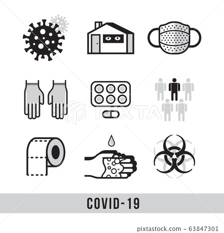 Covid-19. Set of icons on the theme of coronavirus. Stay home, my hands more often, new toilet paper, bacteria, avoid contact, use gloves. 63847301