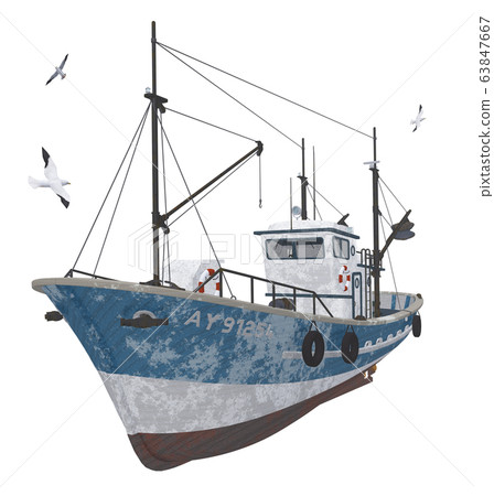 Fishing trawler with seagulls isolated on white background 63847667