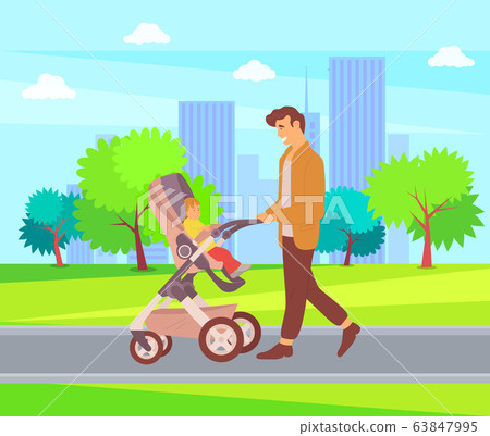 Father Walking Child in Perambulator, City Walk Father Walking Child in Perambulator, City Walk 63847995