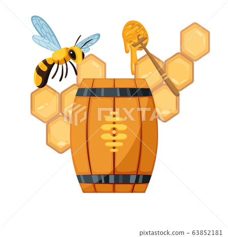 Honey beekeeping poster of honeycomb, wooden barrel and jar with honey drops and dipper spoon.Organic product, traditional and healthy food, sweet delicacy. Vector bees swarm 63852181