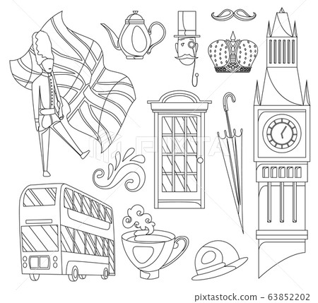 Hand drawn doodle United Kingdom. Set vector illustration UK icons. Welcome to London elements. Britannia symbols collection. Sketch coloring style 63852202