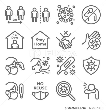 Social distancing to protect from coronavirus disease COVID-19 icon set vector illustration. Contains such icon as mask, quarantine, cough, self isolation, temperature check and more. Expanded Stroke Social distancing to protect from coronavirus disease COVID-19 icon set vector illustration. Contains such icon as mask, quarantine, cough, self isolation, temperature check and more. Expanded Stroke 63852413