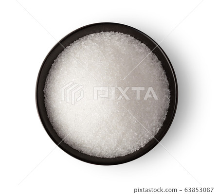 Bowl of white sugar isolated on white background, top view Bowl of white sugar isolated on white background, top view 63853087