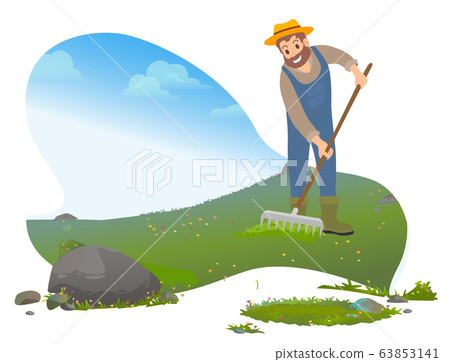 Farming Man Using Rakes, Male Working on Farm 63853141