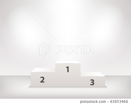 Round podium illuminated by searchlights. Black round podium on dark background. Platform illuminated by spotlights. Blank background with copy space. Vector illustration. 63853468