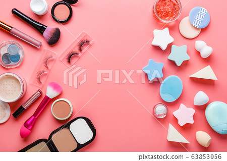 Multiple Beauty Tools On Pink Background 63853956