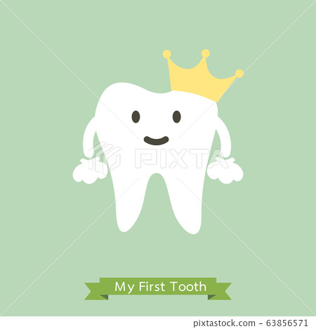 Baby first tooth, tooth is wearing golden crown 63856571