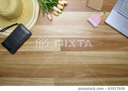 Work desk wooden spring background - Stock Photo [63857699] - PIXTA