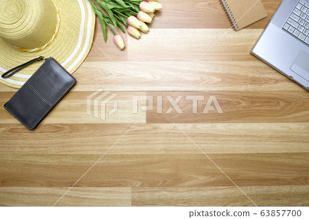 Work desk wooden spring background 63857700