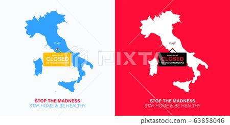 Italy map silhouette with hanging sign plate. Closed for quarantine due to coronavirus. 63858046
