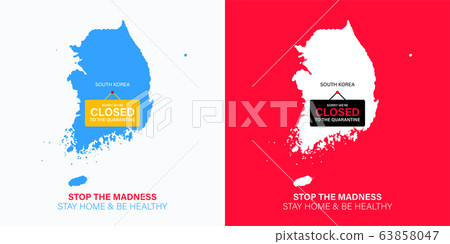 South Korea map silhouette with hanging sign plate. Closed for quarantine due to coronavirus. 63858047