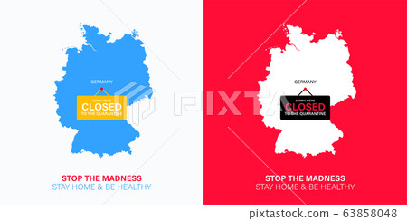 Germany map silhouette with hanging sign plate. Closed for quarantine due to coronavirus. 63858048