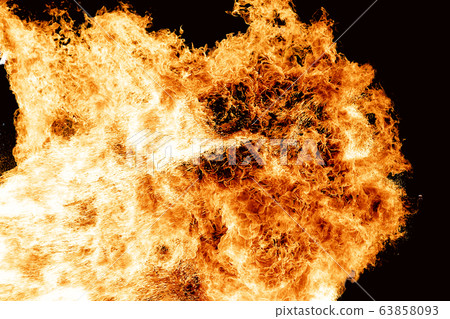 Flames caused by the explosion of the oil. Demonstration of water on oil fire. 63858093
