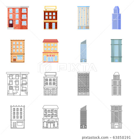 Vector illustration of municipal and center symbol. Set of municipal and estate vector icon for stock. Vector illustration of municipal and center symbol. Set of municipal and estate vector icon for stock. 63858191